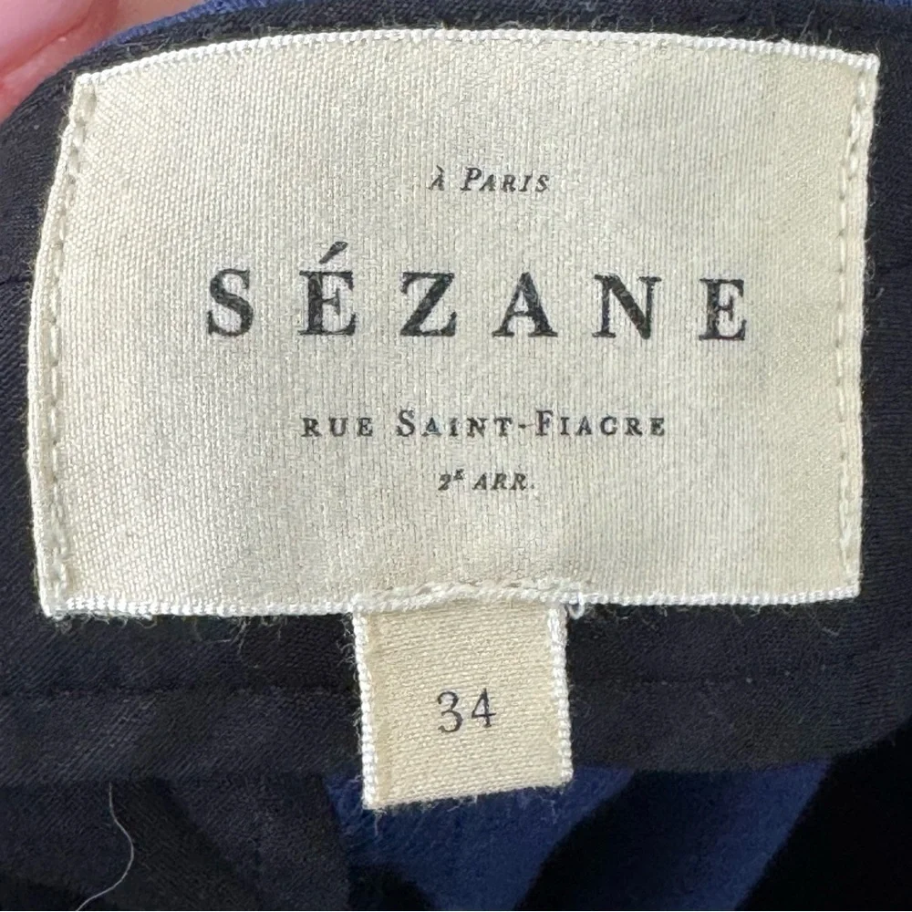 Sezane Women's Size FR 34 Blue Straight Leg Pants Tortoiseshell Button Viscose